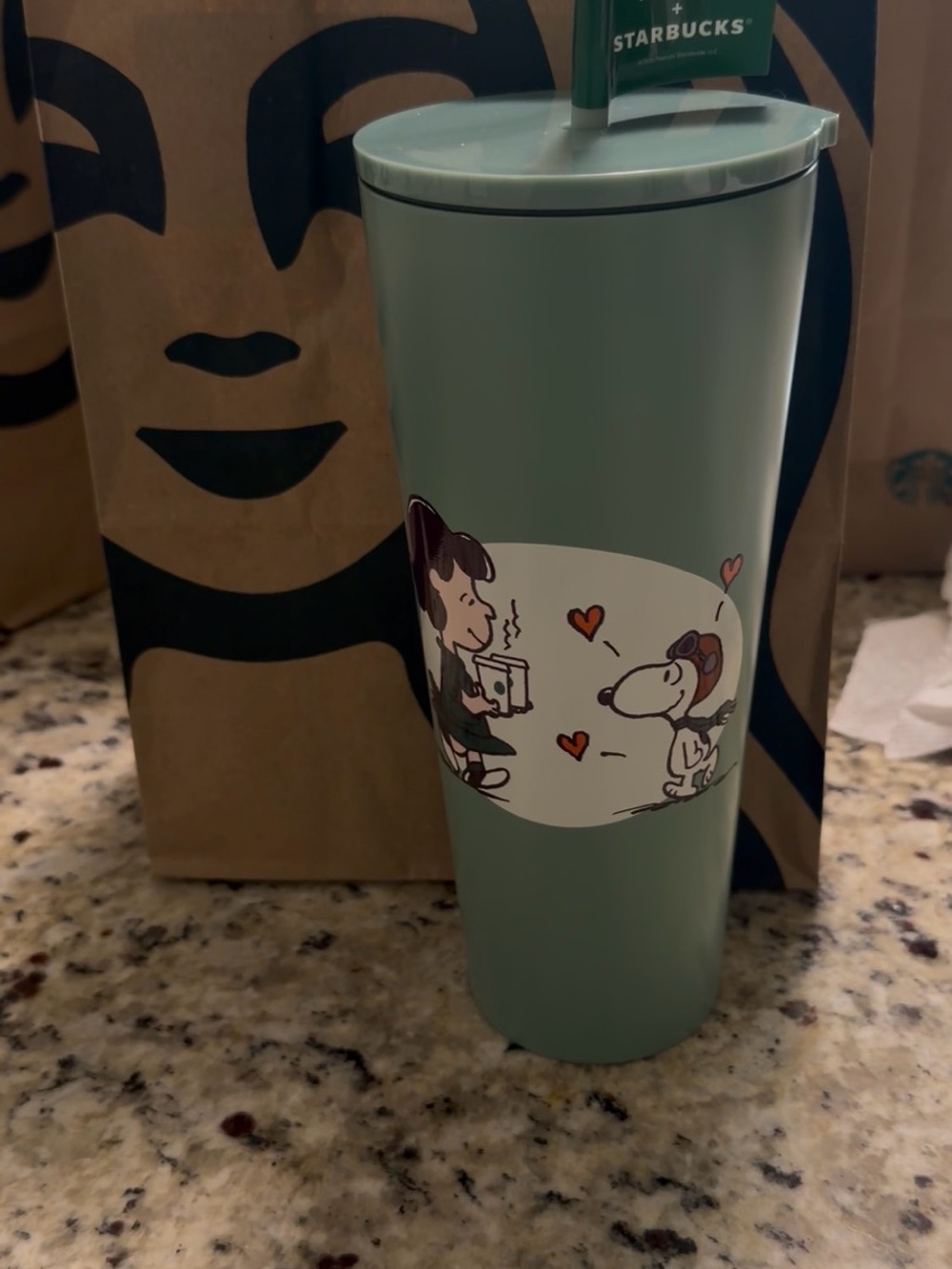Limited Edition NWT Starbucks Mint Green Tumbler with Snoopy Cartoon Graphic - Picture 4 of 6